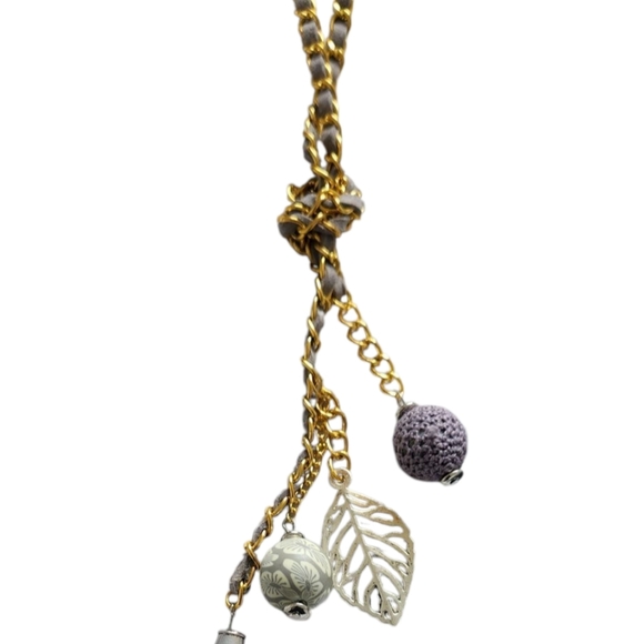 Gold and Silver Tassel Necklace with Beads and Charms - Picture 2 of 4